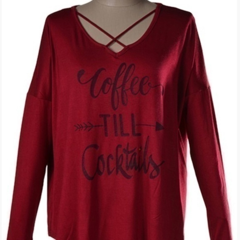 Long sleeve burgundy coffee strappy neck top